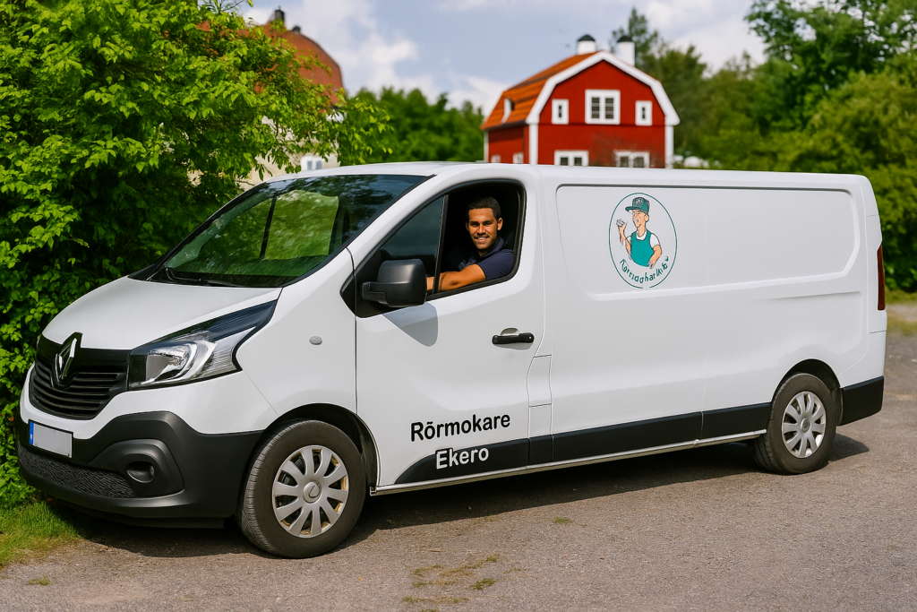 Rörmokare i vit servicebil med texten "Rörmokare Ekerö", parkerad vid röd villa i grönskande miljö.