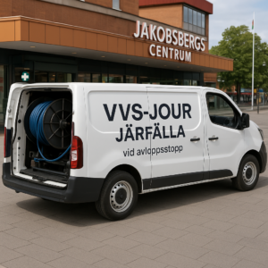 Spolbil med texten "VVS-JOUR JÄRFÄLLA vid avloppsstopp" parkerad vid Jakobsbergs Centrum