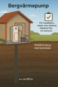 Illustration av bergvärmepump – visar hus med värmepump kopplad till 150 meter djup kollektorslang i marken