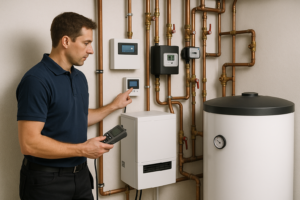 Energieffektivisering i Sollentuna – Rörmokare justerar värmepumpens styrsystem för optimal drift