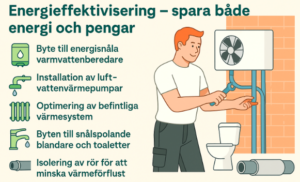 illustration som visar energieffektiva lösningar som varmvattenberedare, värmepump och rörisolering