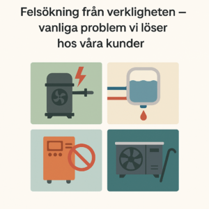 Felsökning av värmepump – illustration med rubrik och exempel på vanliga problem hos kunder i Stockholm.