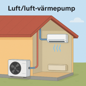 Illustration av luft/luft-värmepump med utomhusdel och inomhusdel i ett hus med elradiator