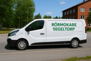 rörmokare med vit t-shirt och arbetsbyxor drar rör under diskbänk i ett modernt kök