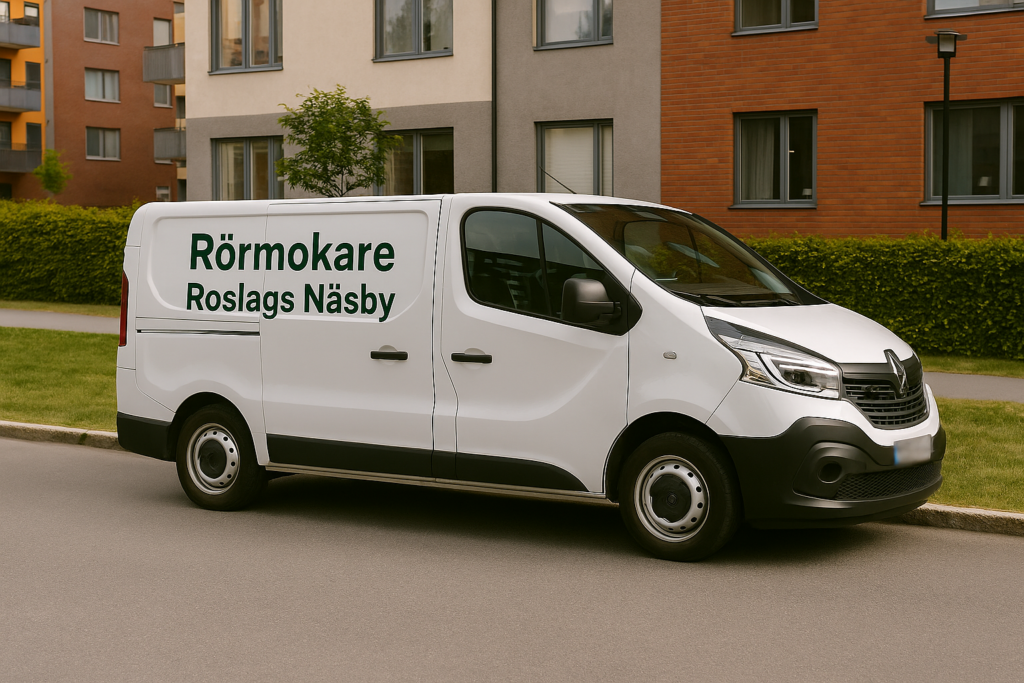 Vit Renault Trafic med texten "Rörmokare Roslags Näsby" parkerad i bostadsområde i Roslags Näsby. Regplåten är blurrad.
