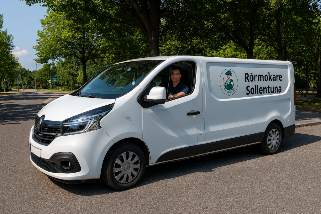 Rörmokare Sollentuna – vit servicebil från Allmänna Rörjouren parkerad vid grönskande gata i Sollentuna