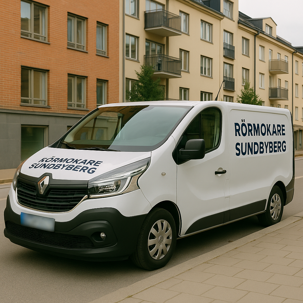 Renault Trafic med texten "Rörmokare Sundbyberg" parkerad i ett bostadsområde.