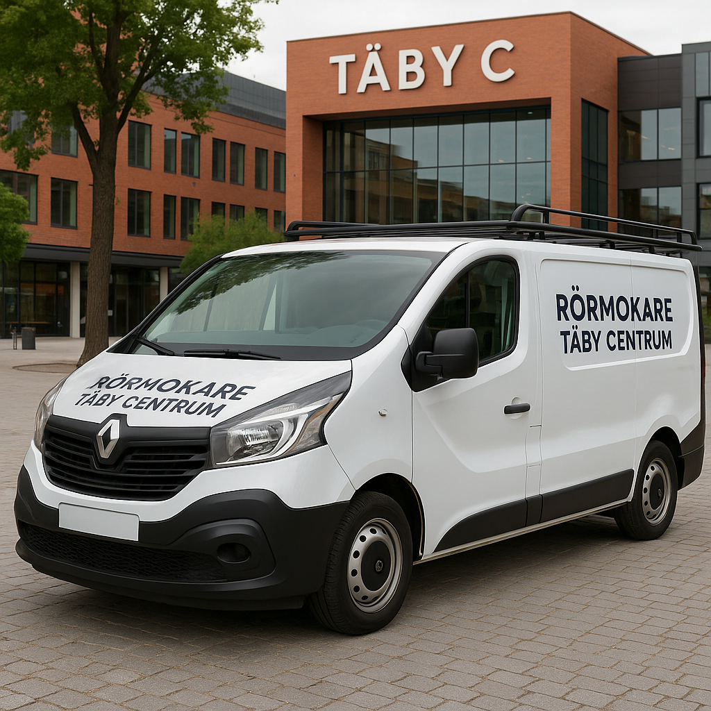 Renault Trafic med texten "Rörmokare Täby Centrum" parkerad vid Täby Centrum, framför entrén till Täby C.