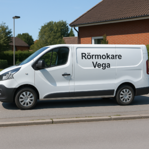 vit servicebil parkerad framför villa i Vega med texten “Rörmokare Vega” på sidan