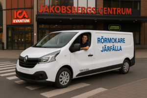 Rörmokare Järfälla – vit servicebil från Allmänna Rörjouren parkerad utanför Jakobsbergs Centrum