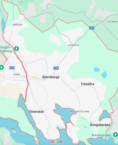 Karta över Österåker & Åkersberga med markerade områden där Allmänna Rörjouren är verksamma