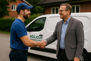 Rörmokare från Allmänna Rörjouren skakar hand med en BRF-ordförande i Salem framför en vit servicebil med texten ”Rörjour Rönninge & Salem”.