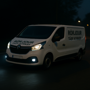 Vit Renault Trafic med texten "RÖRJOUR TÄBY KYRKBY" kör på en mörk landsväg med tända strålkastare. Registreringsskylten är blurrad.