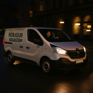 Vit Renault Trafic med texten "Rörjour Vasastan" på sidan, körs snabbt av en rörmokare genom Vasastan på kvällen. Strålkastarna lyser upp gatan och stadens byggnader syns i bakgrunden.