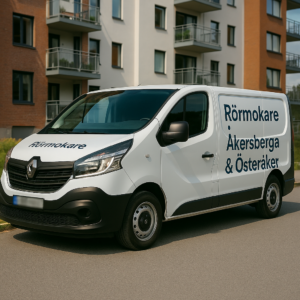 Renault Trafic med texten Rörmokare Åkersberga & Österåker parkerad i Åkersberga med blurrad registreringsskylt.