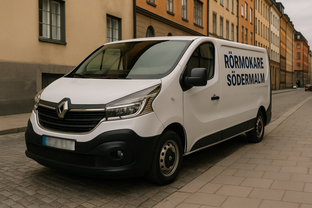 Vit Renault Trafic med texten "Rörmokare Södermalm" på sidan, parkerad på en gata på Södermalm i Stockholm. Registreringsskylten är blurrad.