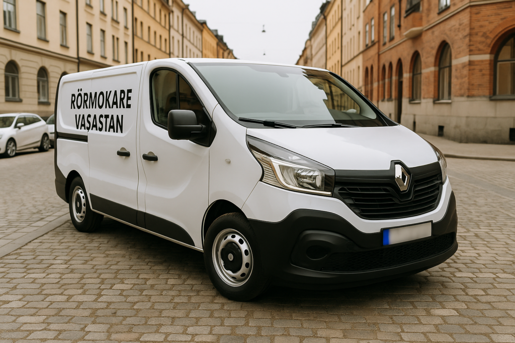 Vit Renault Trafic med texten "Rörmokare Vasastan" parkerad på en kullerstensgata i Vasastan, Stockholm. Registreringsskylten är blurrad.