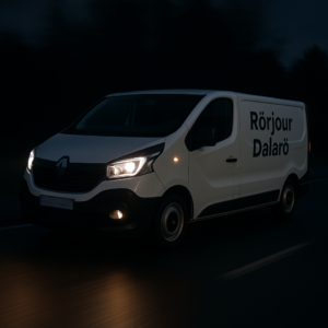 Vit Renault Trafic med texten "Rörjour Dalarö" kör i mörkret med tända strålkastare. Registreringsskylten är blurrad och omgivningen är dunkelt belyst av väg och skog.