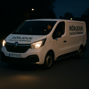 Vit Renault Trafic med texten ”Rörjour Salem & Rönninge” på sidan, körande i mörkret med strålkastarna tända. Registreringsskylten är blurrad.