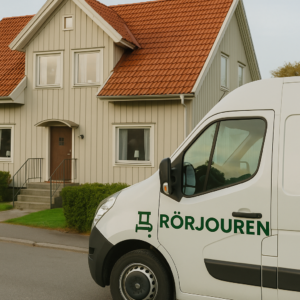 Tvåplanshus i Segeltorp med rörmokare från Allmänna Rörjouren utanför bostaden, redo för VVS-insats.