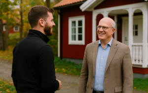 Rörmokare och BRF-ordförande står utanför ett rött trähus i Dalarö och samtalar glatt. Rörmokaren bär svart jacka utan text, medan ordföranden är klädd i blå skjorta och beige kavaj.