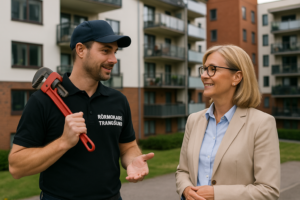 Rörmokare i arbetskläder skakar hand med en ordförande utanför en bostadsrättsförening i Trångsund.