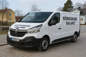 Vit Renault Trafic med texten "Rörmokare Dalarö" på sidan, parkerad på en kullerstensgata i Dalarö. Registreringsskylten är blurrad och i bakgrunden syns färgglada trähus och en småbåtshamn.