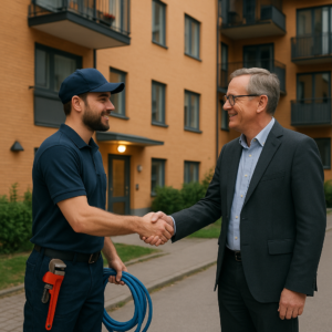 Rörmokare och BRF-ordförande skakar hand utanför ett lägenhetshus i Sigtuna.