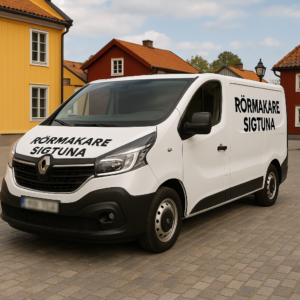 Vit Renault Trafic med texten "Rörmokare Sigtuna" på sidan, parkerad i Sigtuna. Registreringsskylten är blurrad.