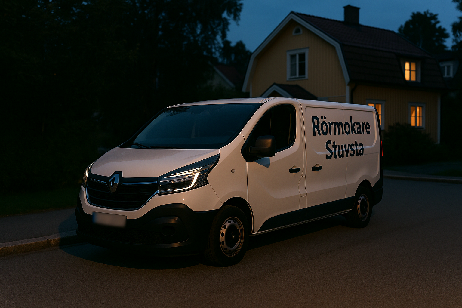 Vit Renault Trafic med texten "Rörmokare Stuvsta" parkerad i Stuvsta, regplåten är blurrad.