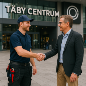 Plumber och fastighetsrepresentant skakar hand utanför Täby Centrum efter avslutat VVS-arbete.