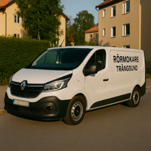 Vit Renault Trafic med texten "Rörmokare Trångsund" parkerad i Trångsund, regplåten är blurrad.