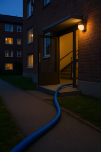 Blå spolslang som leds in i entrén till ett flerfamiljshus i Sigtuna inför stamspolning.