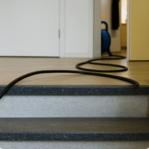 Bild på en spolslang som används vid stamspolning inomhus i ett trapphus med ljus ekparkett. Den svarta slangen leder från trappan mot ett intilliggande rum där en blå slangvinda är placerad. Bilden illustrerar VVS-arbete och underhåll av avloppssystem i fastighet.