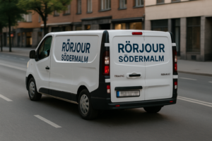 Vit Renault Trafic med texten "Rörjour Södermalm" på sidan, körandes på en stadsgata i skymning. Registreringsskylten är blurrad.