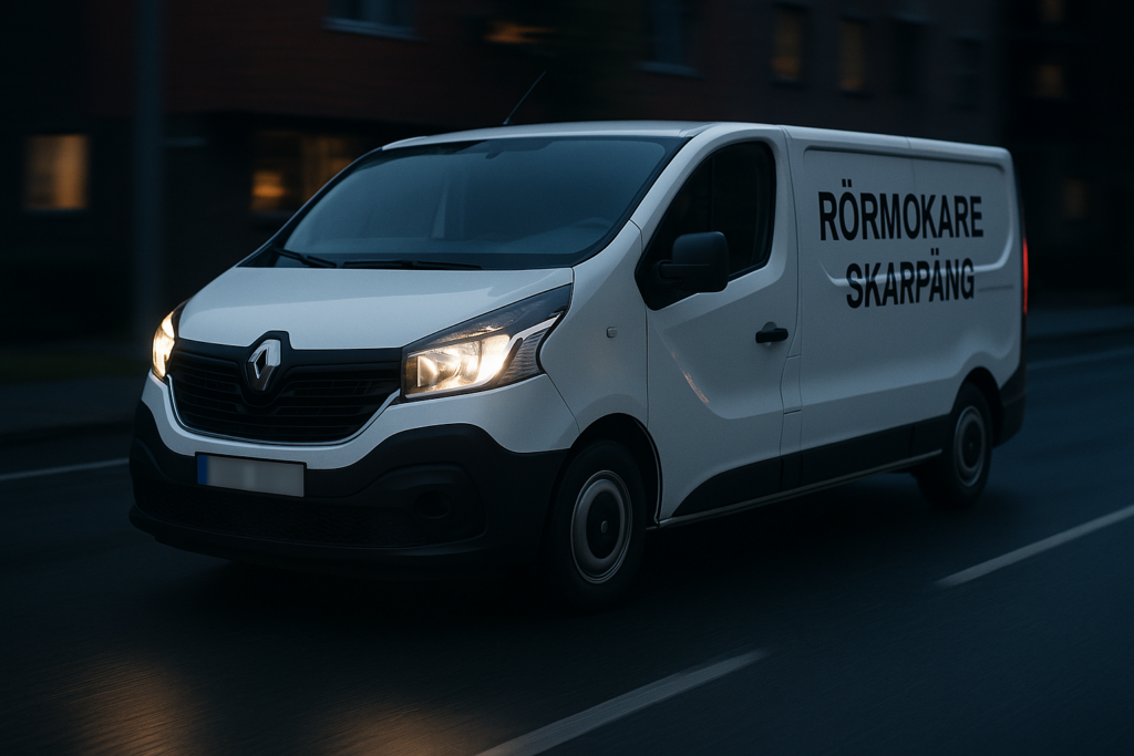 Vit Renault Trafic med texten "Rörmokare Skarpäng" på sidan, körande på en väg i kvällsljus. Registreringsskylten är blurrad.