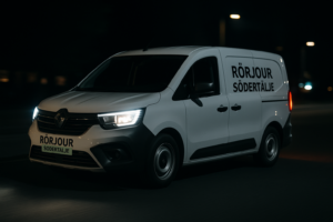 Vit Renault servicebil med texten ”Rörjour Södertälje” på sidan, körandes i mörkret med strålkastarna på. Registreringsskylten är blurrad.