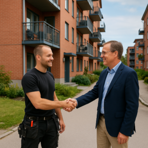 Rörmokare och BRF-ordförande i Svinninge skakar hand utanför ett flerfamiljshus.