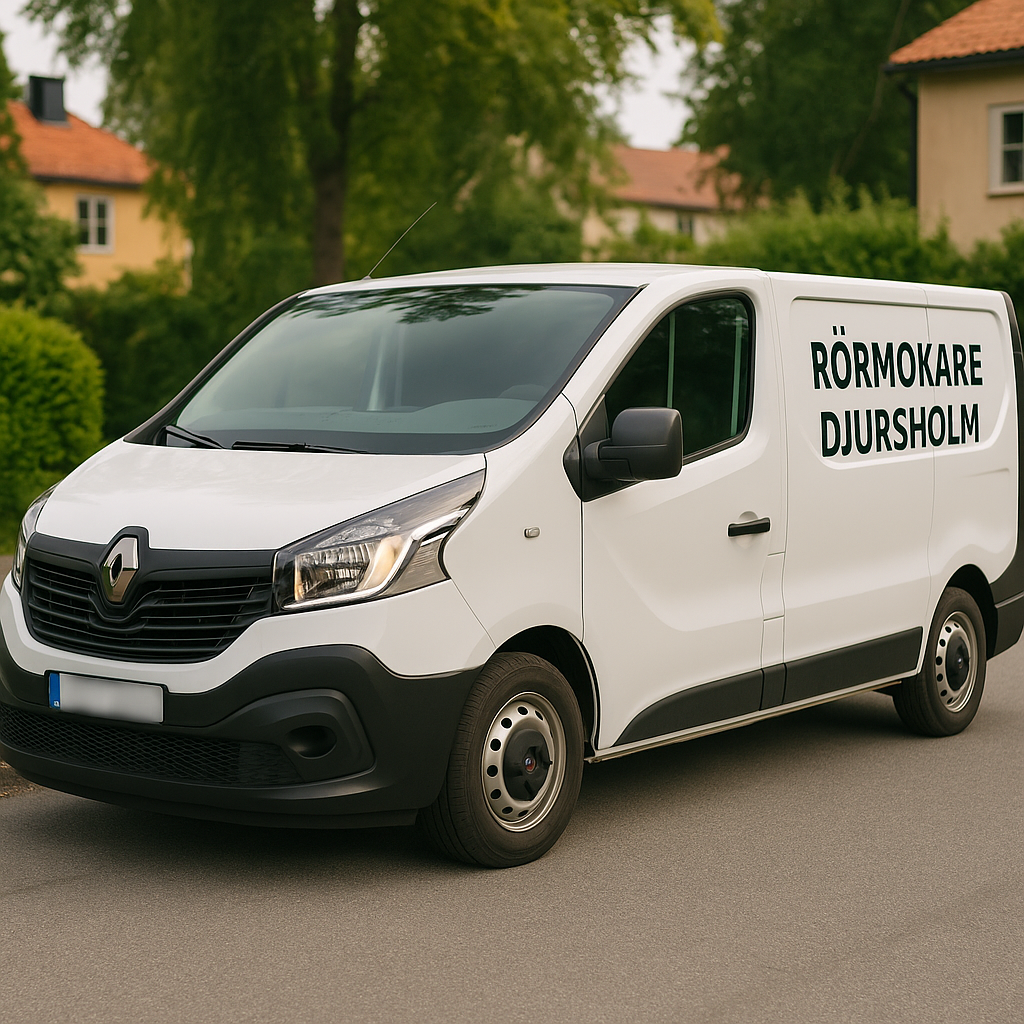 Vit Renault Trafic med texten ”Rörmokare Djursholm” parkerad i villaområde i Djursholm, registreringsskylten är blurrad.