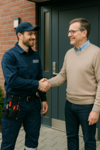 Rörmokare i blå arbetskläder från Allmänna Rörjouren skakar hand med en ordförande utanför en bostadsrättsförening i Skarpäng.