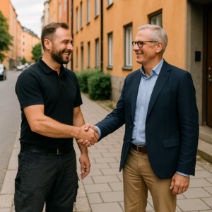 Plumber shaking hands with a board chairman in Södermalm, Stockholm, standing outside a brick apartment building on a clear day.