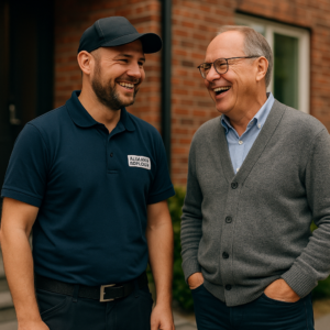 Rörmokare och ordförande i en BRF i Södertälje står utanför en fastighet och skrattar tillsammans.