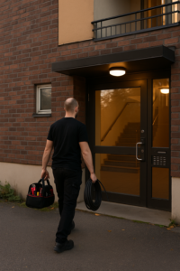 Rörmokare på väg in i en port på eftermiddagen, bärandes verktygsväska och slang.