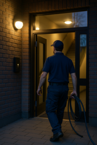 Rörmokare i blå arbetskläder på väg in i en port med spolslang, håller i ena änden medan den andra går ut ur bilden.