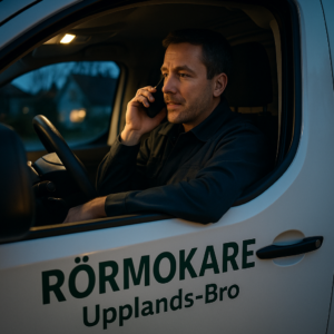 Rörmokare i Upplands-Bro sitter i sin servicebil och svarar i telefon under ett jouruppdrag på kvällen.