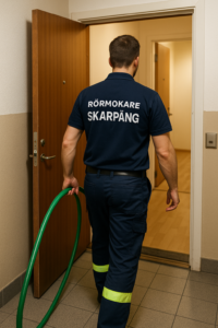 Spolmontör i blå arbetskläder med reflexdetaljer på ryggen, märkt ”Rörmokare Skarpäng”, är på väg in i en lägenhet med en grön spolslang i handen.