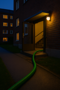 Röd spolslang som går in i trapphus till flerfamiljshus med gul fasad i Upplands-Bro under kvällstid.